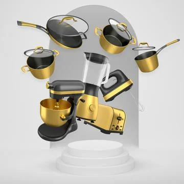 Assorted kitchen appliances and cookware floating against abstract backdrop and Stock Illustration