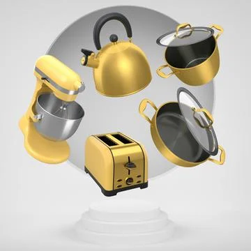 Assorted kitchen appliances and cookware floating against abstract backdrop and Stock Illustration