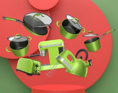 Assorted kitchen appliances and cookware floating against abstract backdrop.. Stock Illustration