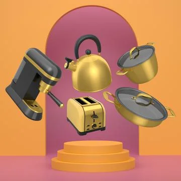 Assorted kitchen appliances and cookware floating against abstract backdrop.. Stock Illustration