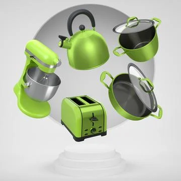 Assorted kitchen appliances and cookware floating against abstract backdrop.. Stock Illustration