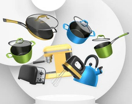 Assorted kitchen appliances and cookware floating against abstract backdrop.. Stock Illustration