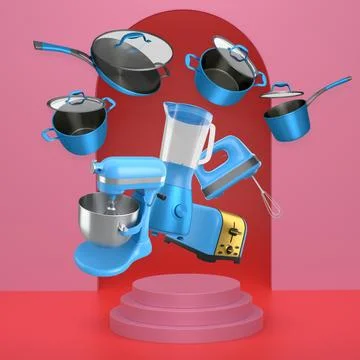 Assorted kitchen appliances and cookware floating against abstract backdrop.. Stock Illustration