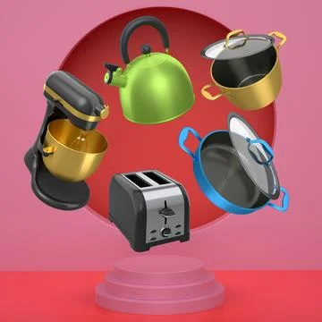 Assorted kitchen appliances and cookware floating against abstract backdrop a Stock Illustration
