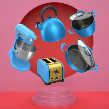 Assorted kitchen appliances and cookware floating against abstract backdrop a Stock Illustration