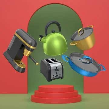 Assorted kitchen appliances and cookware floating against abstract backdrop a Stock Illustration