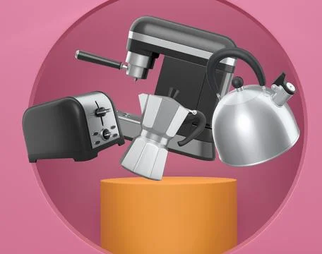 Assorted kitchen appliances including toaster, kettle and coffee maker over.. Ilustração Stock