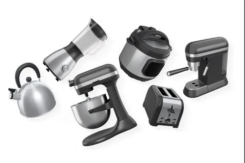 Assorted kitchen appliances including toaster, kettle, mixer, blender, coffee Stock Illustration