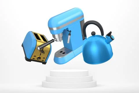 Assorted kitchen appliances including toaster, kettle and coffee maker over Ilustração Stock