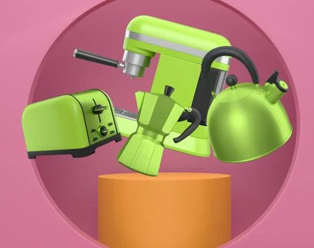Assorted kitchen appliances including toaster, kettle and coffee maker over Stock Illustration