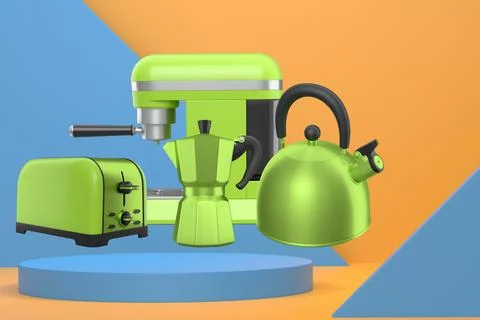 Assorted kitchen appliances including toaster, kettle and coffee maker over.. Ilustração Stock