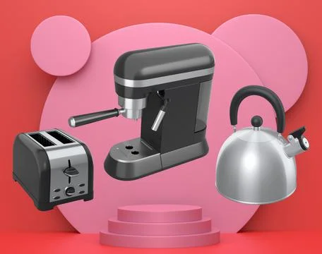 Assorted kitchen appliances including toaster, kettle and coffee maker over p Ilustração Stock