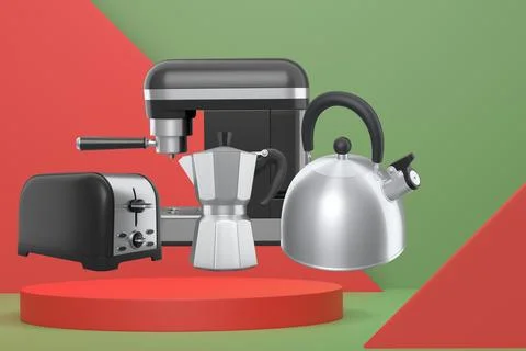 Assorted kitchen appliances including toaster, kettle and coffee maker over.. Ilustração Stock