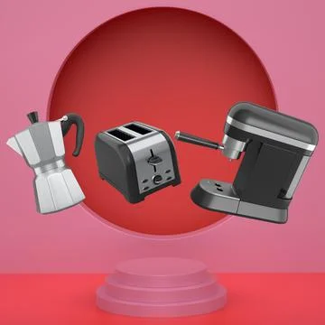 Assorted kitchen appliances including toaster, kettle and coffee maker over.. Ilustração Stock