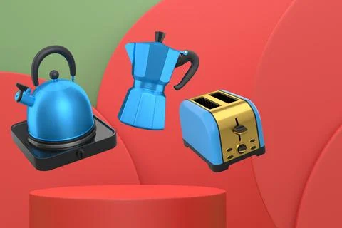 Assorted kitchen appliances including toaster, kettle and coffee maker over.. Ilustração Stock