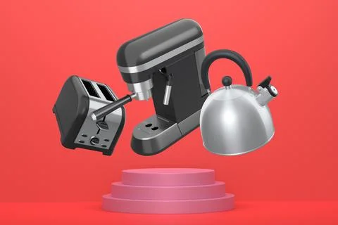 Assorted kitchen appliances including toaster, kettle and coffee maker over Ilustração Stock