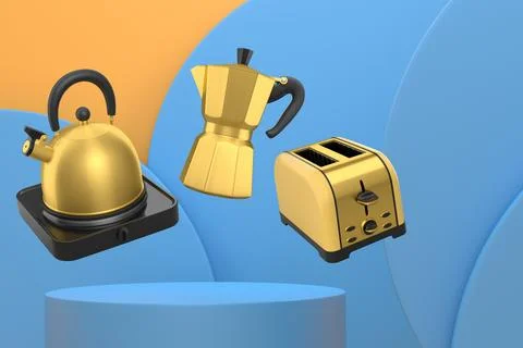 Assorted kitchen appliances including toaster, kettle and coffee maker over Ilustração Stock