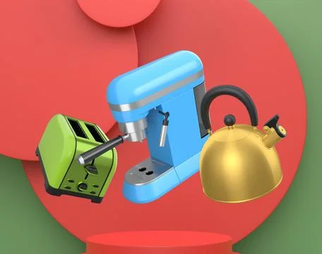 Assorted kitchen appliances including toaster, kettle and coffee maker over p Ilustração Stock