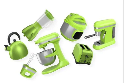 Assorted kitchen appliances like toaster, kettle, mixer, blender, coffee machine Stock Illustration