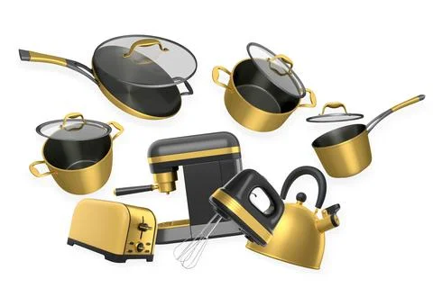 Assorted kitchen cookware and appliances isolated on white background. Concep Stock Illustration
