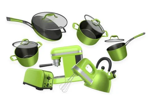 Assorted kitchen cookware and appliances isolated on white background. Conc.. Stock Illustration