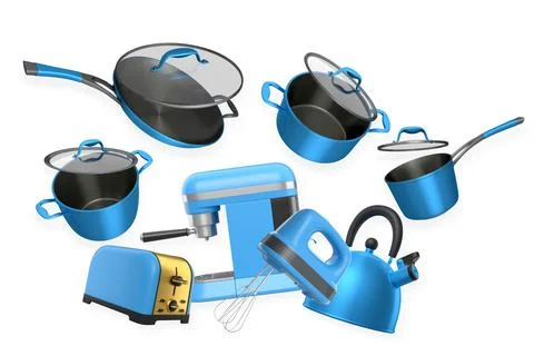 Assorted kitchen cookware and appliances isolated on white background. Conc.. Stock Illustration