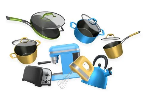 Assorted kitchen cookware and appliances isolated on white background. Conc.. Stock Illustration