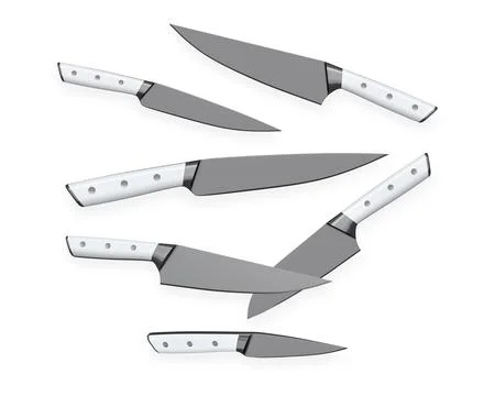 Assorted kitchen knives with black handles isolated on white background, showing Stock Illustration