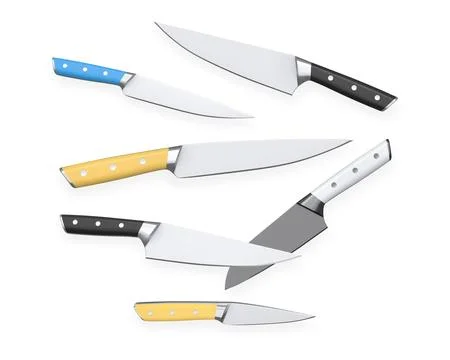 Assorted kitchen knives with black handles isolated on white background, sh.. Stock Illustration