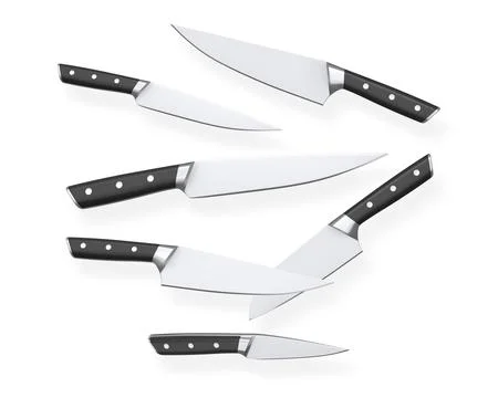 Assorted kitchen knives with black handles isolated on white background, sh.. Stock Illustration