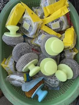 Assorted Kitchen Scrubbers in a Basket Stock Photos