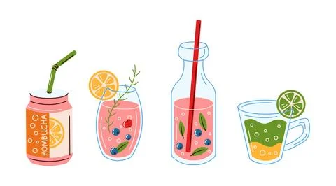 Assorted kombucha drinks in different containers Stock Illustration