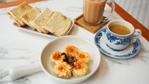 Assorted Kopitiam menu, coffee, milk tea, kaya toast and dimsum mentai Stock Photos