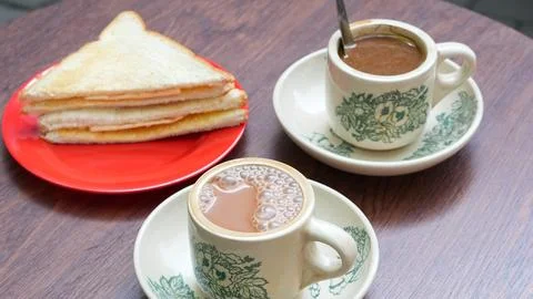 Assorted Kopitiam menu, coffee, milk tea, kaya toast and onsen egg  Stock Photos