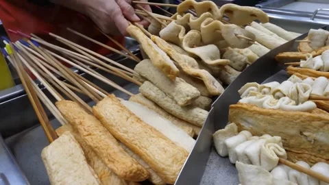 Assorted Korean Fish Cake Skewers at a Street Food Stall Stock Footage 337374193