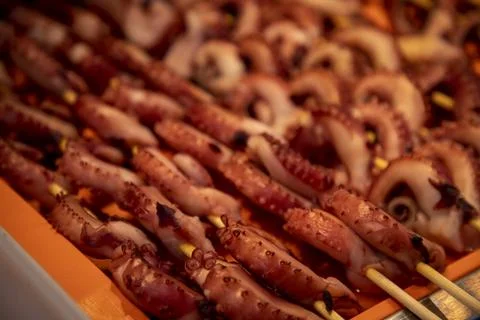 Assorted lamb, beef and chicken barbecue skewers, Chinese street food footage Stock Photos