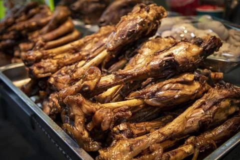 Assorted lamb, beef and chicken barbecue skewers, Chinese street food footage Stock Photos