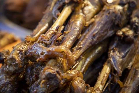 Assorted lamb, beef and chicken barbecue skewers, Chinese street food footage Stock Photos