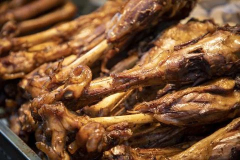 Assorted lamb, beef and chicken barbecue skewers, Chinese street food footage Stock Photos