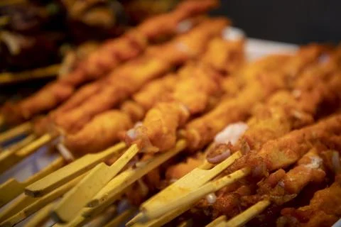 Assorted lamb, beef and chicken barbecue skewers, Chinese street food footage Stock Photos