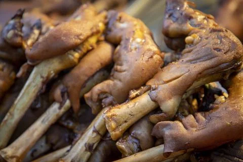 Assorted lamb, beef and chicken barbecue skewers, Chinese street food footage Stock Photos