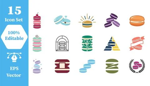 Assorted macaron dessert pastry icon set with colorful collection illustratio Stock Illustration