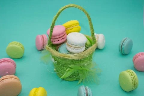 Assorted Macarons in a Festive Basket Stock Photos