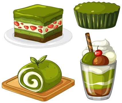 Assorted Matcha Green Tea Desserts Vector Illustration Set Illustrazione stock