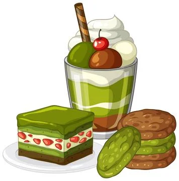 Assorted Matcha Green Tea Desserts with Parfait Cake and Cookies Stock Illustration