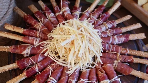 Assorted with meat and cheese on the wood tray Stock Footage 103287300