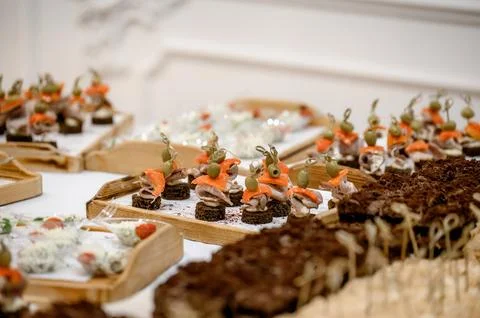 Assorted meat appetizers on black bread and desserts on a served table Stock Photos