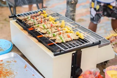 Assorted meat from chicken and pork and various vegetables on barbecue grill Stock Photos