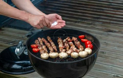Assorted meat from chicken and various vegetables on barbecue grill Stock Photos