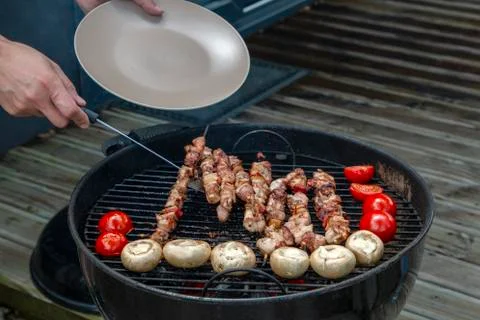 Assorted meat from chicken and various vegetables on barbecue grill Stock Photos
